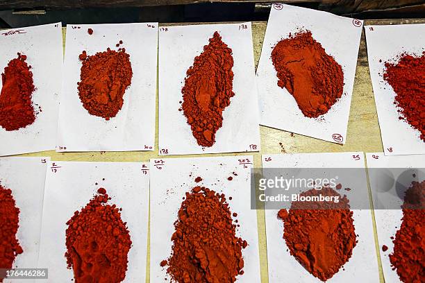 Chili powder samples sit on display at a store in the Vashi Agricultural Produce Market Committee wholesale market in Mumbai, India, on Monday, Aug....