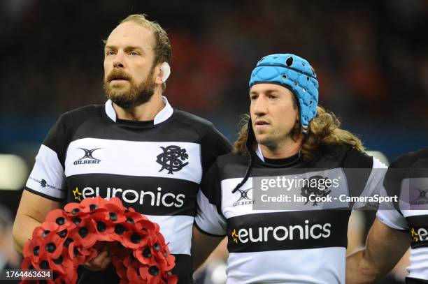 Barbarian's Alun Wyn Jones and Justin Tipuric during the anthems during the Rugby International match between Wales and Barbarians at Principality...