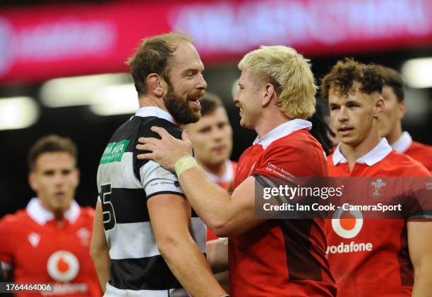 Wales's Aaron Wainwright with Barbarian's Alun Wyn Jones at the final whistle during the Rugby International match between Wales and Barbarians at...