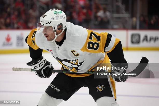 Sidney Crosby of the Pittsburgh Penguins skates against the Detroit Red Wings at Little Caesars Arena on October 18, 2023 in Detroit, Michigan.