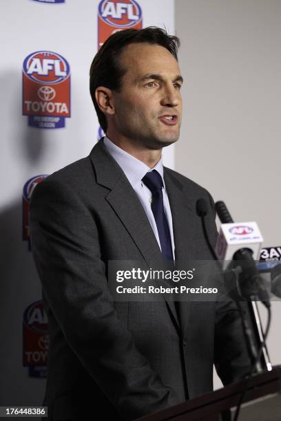 General Counsel and General Manager Legal, Integrity and Compliance Andrew Dillon speaks to the media during an AFL press conference at AFL House on...