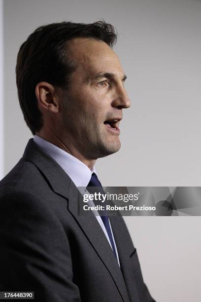 General Counsel and General Manager Legal, Integrity and Compliance Andrew Dillon speaks to the media during an AFL press conference at AFL House on...