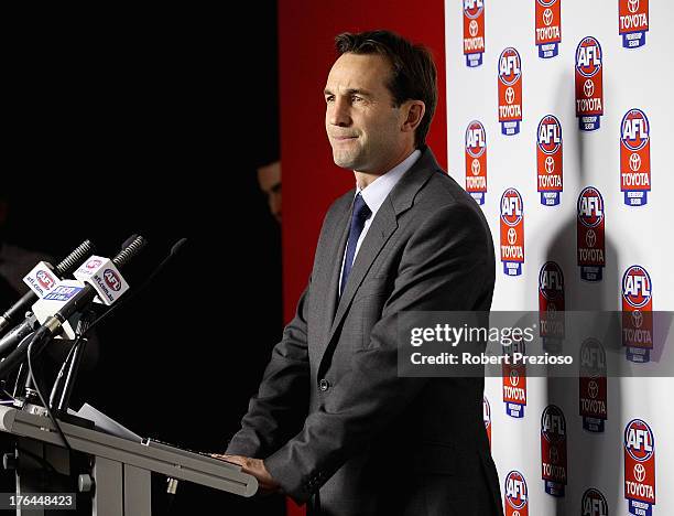 General Counsel and General Manager Legal, Integrity and Compliance Andrew Dillon speaks to the media during an AFL press conference at AFL House on...