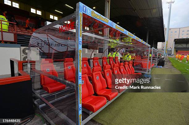 New comfortable dugout seating for a new season at Firhill Stadium Partick Thistle, the Scottish Premiership League match between Partick Thistle and...