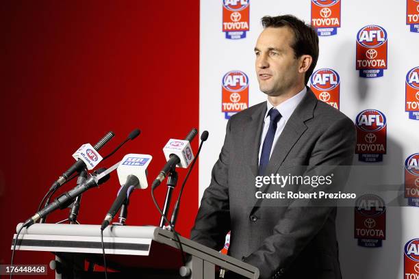 General Counsel and General Manager Legal, Integrity and Compliance Andrew Dillon speaks to the media during an AFL press conference at AFL House on...