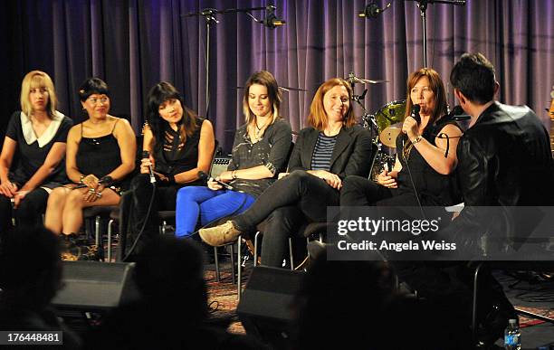 Kim Shattuck, Annabella Lwin, Dominique Davalos, Shae Padilla, Patty Schemel and Kathy Valentine of Bad Empressions onstage with Vice President of...