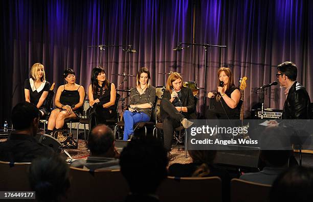 Kim Shattuck, Annabella Lwin, Dominique Davalos, Shae Padilla, Patty Schemel and Kathy Valentine of Bad Empressions onstage with Vice President of...