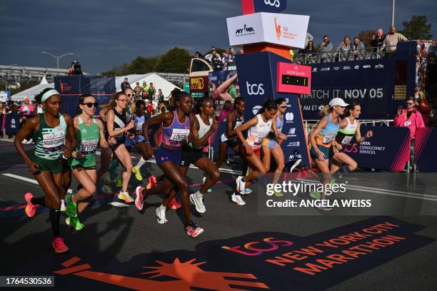 Runners compete in the Women's division during the 52nd Edition of the New York City Marathon on November 5, 2023.