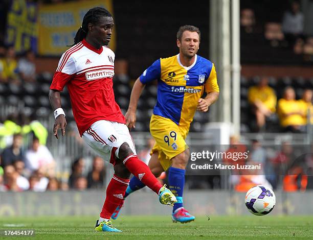 Derek Boateng of Fulham FC in action during the pre-season friendly match between Parma FC and Fulham FC at Craven Cottage on August 10, 2013 in...