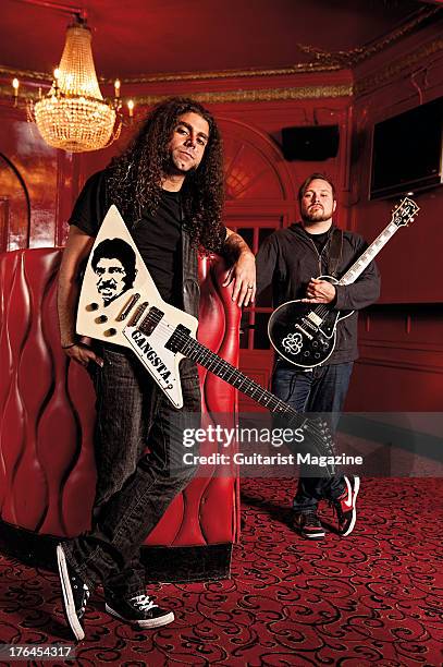 Claudio Sanchez and Travis Stever of American progressive rock band Coheed and Cambria photographed during a portrait shoot for Guitarist...