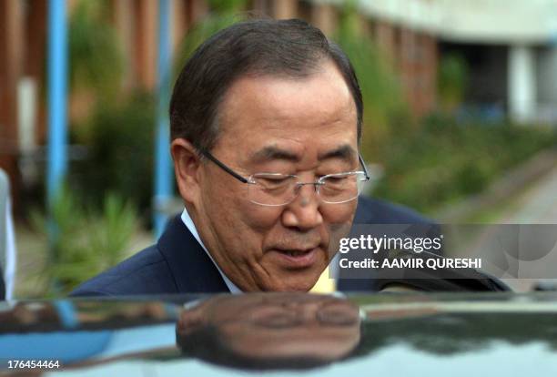 Secretary-General Ban Ki-moon leaves the Islamabad College for Girls in Islamabad on August 13, 2013. UN chief Ban Ki-moon arrived in Islamabad on...