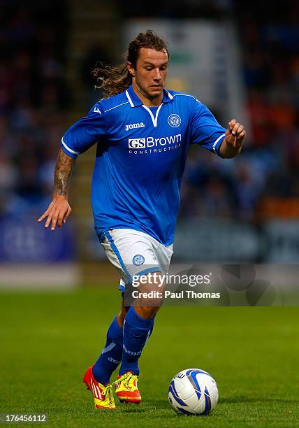 Stevie May of St Johnstone in action during the UEFA Europa League third qualifying round second leg match between St Johnstone and FC Minsk at...