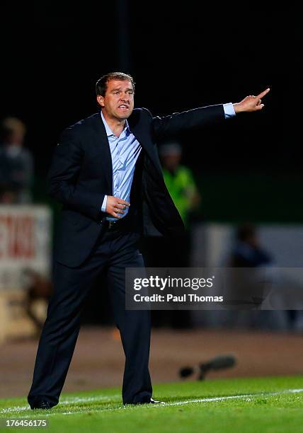 Manager Vadim Skripchenko of FC Minsk gestures during the UEFA Europa League third qualifying round second leg match between St Johnstone and FC...