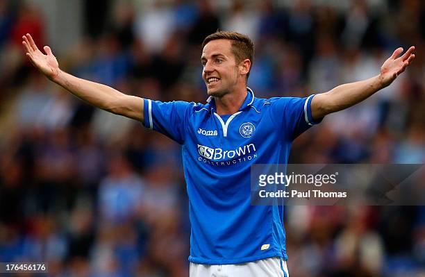 Steven MacLean of St Johnstone gestures during the UEFA Europa League third qualifying round second leg match between St Johnstone and FC Minsk at...