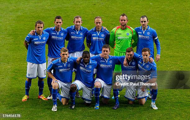 St Johnstone players pose for a team photograph before the UEFA Europa League third qualifying round second leg match between St Johnstone and FC...