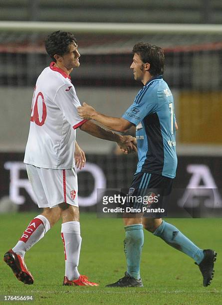 Alessandro Del Piero of Sydney FC shakes hands with Alvaro Ampuero of Padova Calcio during the pre-season friendly match between Padova Calcio and...