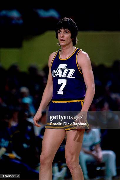 Pete Maravich of the Utah Jazz waits for a call during a game played circa 1977 at the Boston Garden in Boston, Massachusetts. NOTE TO USER: User...