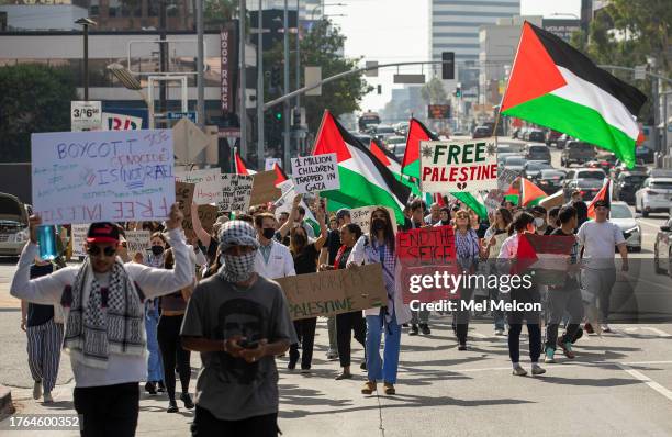 Protesters, demanding an end to the Israeli invasion of Gaza, march on Wilshire Blvd. In Los Angeles towards the Federal Building during a...