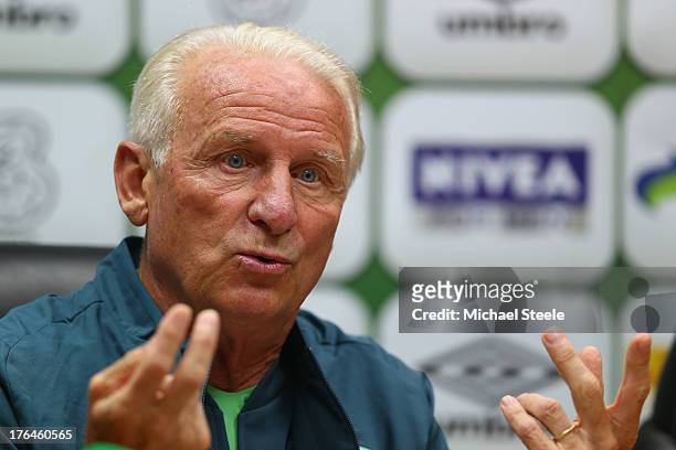 Giovanni Trapattoni, manager of Ireland speaks during a press conference at the Cardiff City Stadium on August 13, 2013 in Cardiff, Wales.