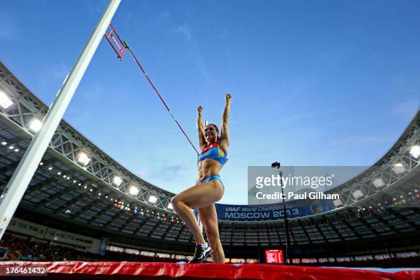 Elena Isinbaeva of Russia celebrates a successful jump in the Women's pole vault final during Day Four of the 14th IAAF World Athletics Championships...