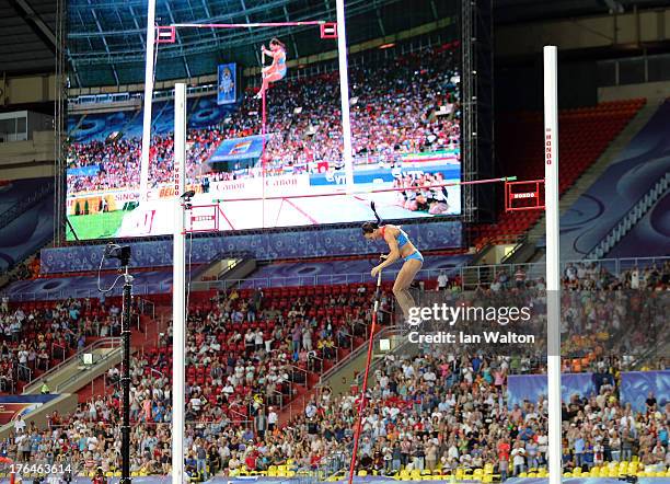 Elena Isinbaeva of Russia fails at an attempt after winning gold in the Women's pole vault final during Day Four of the 14th IAAF World Athletics...