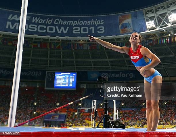 Elena Isinbaeva of Russia fails at an attempt after winning gold in the Women's pole vault final during Day Four of the 14th IAAF World Athletics...