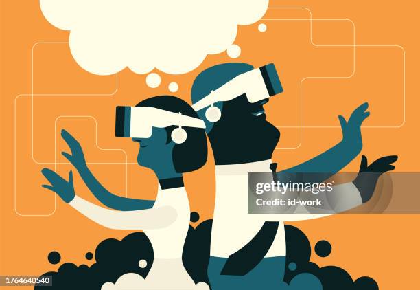 couple searching with vr headsets - blindfold stock illustrations