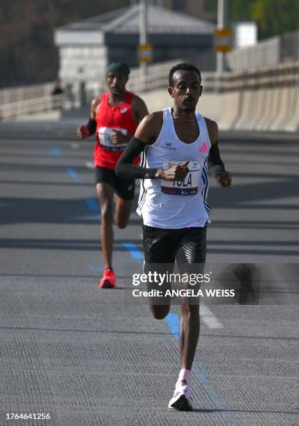 Ethiopia's Tamirat Tola runs during the 52nd Edition of the New York City Marathon on November 5, 2023.