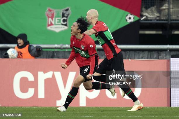 Koki Ogawa of NEC Nijmegen celebrates the 3-3 during the Dutch Eredivisie match between NEC and FC Volendam in De Goffert on November 5, 2023 in...