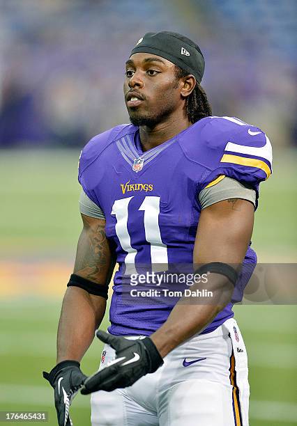 Stephen Burton of the Minnesota Vikings warms up prior to an NFL preseason game against the Houston Texans at Mall of America Field, on August 9,...