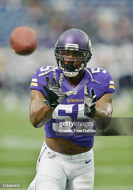 Marvin Mitchell of the Minnesota Vikings warms up prior to an NFL preseason game against the Houston Texans at Mall of America Field, on August 9,...