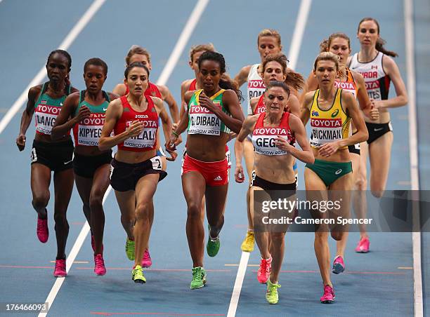 Siham Hilali of Morocco, Genzebe Dibaba of Ethiopia and Luiza Gega of Albania and Zoe Buckman of Australia compete in the Women's 1500 metres semi...