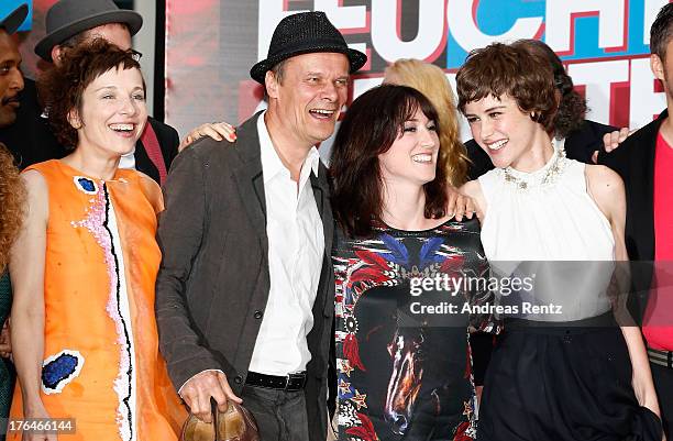 Meret Becker, Edgar Selge, writer Charlotte Roche and actress Carla Juri attend 'Feuchtgebiete' Germany Premiere at Sony Centre on August 13, 2013 in...