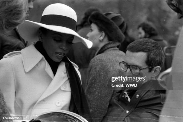 Singer Diana Ross, actress Marisa Mell, and Anthony Perkins on set during the filming of Mahogony.