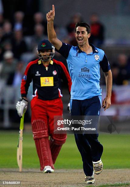 Tim Groenewald of Derbyshire celebrates taking a wicket during the Yorkshire Bank 40 match between Lancashire Lightning and Derbyshire Falcons at Old...