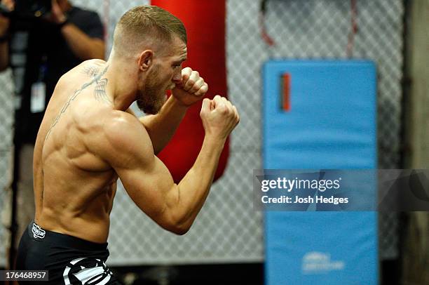 Irish featherweight Conor McGregor holds an open training session for media at Peter Welch's Boxing Gym on August 13, 2013 in Boston, Massachusetts.