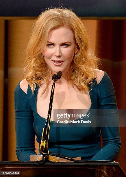 Actress Nicole Kidman speaks onstage at the Hollywood Foreign Press Association's 2013 Installation Luncheon at The Beverly Hilton Hotel on August...