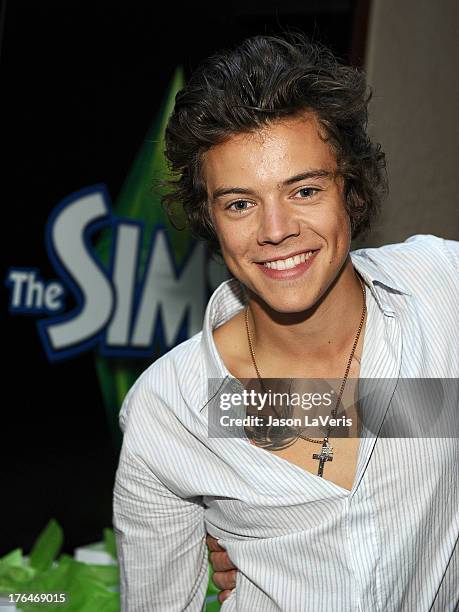 Harry Styles of One Direction poses in the green room at the 2013 Teen Choice Awards at Gibson Amphitheatre on August 11, 2013 in Universal City,...