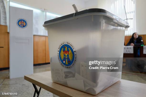Ballot box is seen as local residents cast their ballots to choose mayors and municipal councils in the local elections on November 5, 2023 in Balti,...