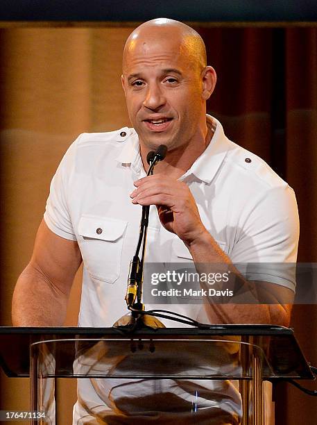 Actor Vin Diesel speaks onstage at the Hollywood Foreign Press Association's 2013 Installation Luncheon at The Beverly Hilton Hotel on August 13,...