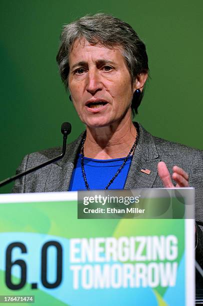 Secretary of the Interior Sally Jewell delivers a keynote address during the National Clean Energy Summit 6.0 at the Mandalay Bay Convention Center...