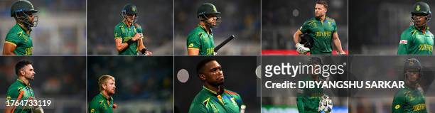 This combination of pictures created on November 5, 2023 shows South Africa's players Temba Bavuma, Marco Jansen, Aiden Markram, David Miller, Kagiso...