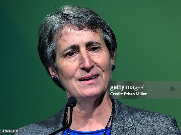 Secretary of the Interior Sally Jewell delivers a keynote address during the National Clean Energy Summit 6.0 at the Mandalay Bay Convention Center...