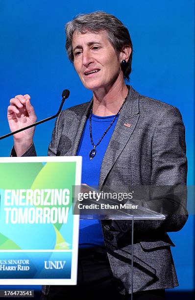 Secretary of the Interior Sally Jewell delivers a keynote address during the National Clean Energy Summit 6.0 at the Mandalay Bay Convention Center...