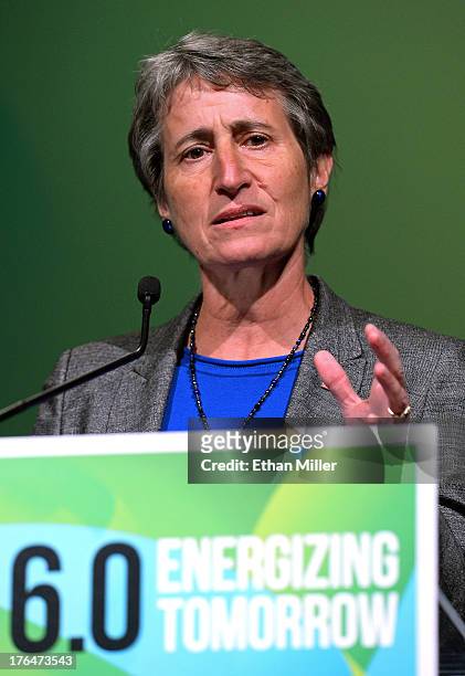 Secretary of the Interior Sally Jewell delivers a keynote address during the National Clean Energy Summit 6.0 at the Mandalay Bay Convention Center...