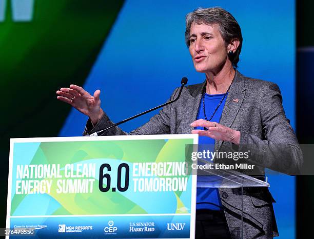 Secretary of the Interior Sally Jewell delivers a keynote address during the National Clean Energy Summit 6.0 at the Mandalay Bay Convention Center...