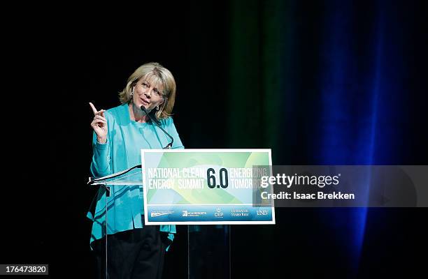 Resort International chief sustainability officer Cindy Ortega speaks during the National Clean Energy Summit 6.0 at the Mandalay Bay Convention...