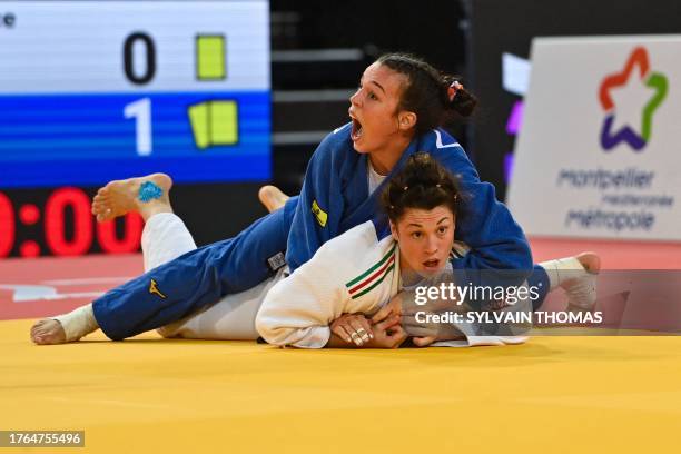 Italy's Alice Bellandi and Germany's Alina Boehm compete in the women's -78 kg final during the European Judo Championships 2023 at the Sud de France...