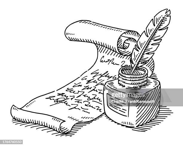 writing feather ink scroll drawing - quill pen stock illustrations