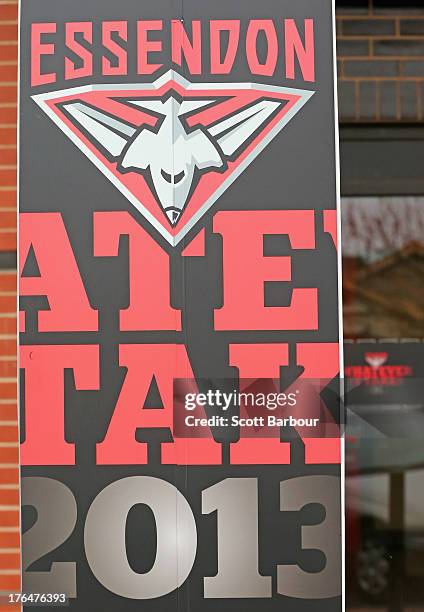 Whatever It Takes 2013' sign is seen outside of the Essendon Bombers Head Office at Windy Hill on August 14, 2013 in Melbourne, Australia. The AFL...